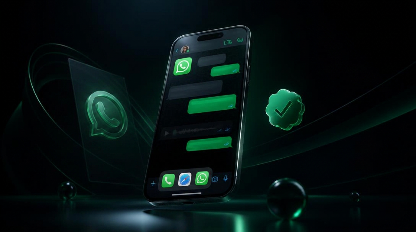 Interface de mensagens do WhatsApp em um smartphone flutuando com verificação oficial